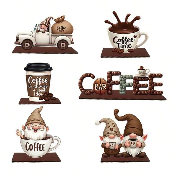 6 Stück 2D flache ländliche Café Deko, vintage hölzernes niedliches Schild, mehrstufiges Tablett Display für Zuhause, Frühlings-/Sommer Dekoration, Geschenk, Wanddekoration, Innen-/Außenbereich, Schlafzimmer Dekoration, geeignet für Halloween und Weihnachten