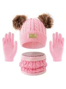 3pcs/Set Winter Warm Knitted Wool Lined Gloves, Hat And Scarf Set, Great For Cold- Weather Warmth Benny Hat And Scarf , Love Fashion Mark - 3-12Y - View 15