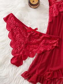 Conjunto de lencería de 2 piezas para mujer con camisola de encaje rojo de Navidad, contraste de malla transparente y volantes con dobladillo festoneado - Burdeos - Ver 10