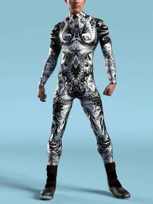 Black And White Dark Flower Men's Digital Printing Swimming And Fitness Sportswear Halloween Party Role-Playing Costumes Holiday Performance Costumes, Carnival Costumes - 黑色 - 查看 1