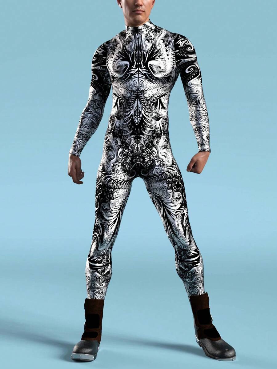 Black And White Dark Flower Men's Digital Printing Swimming And Fitness Sportswear Halloween Party Role-Playing Costumes Holiday Performance Costumes, Carnival Costumes - 黑色 - 查看 1