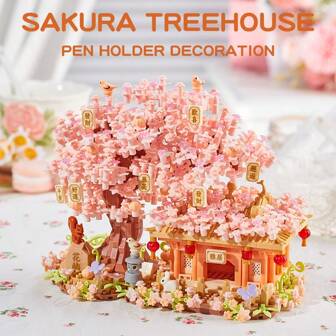 Conjunto de bloques de construcción de casita con árbol de flor de cerezo en miniatura, artículo de exhibición coleccionable, flores eternamente hermosas, decoración del hogar/oficina, juguete de construcción, bloques de construcción para adultos, regalo de boda/festivo/cumpleaños/Halloween/Navidad