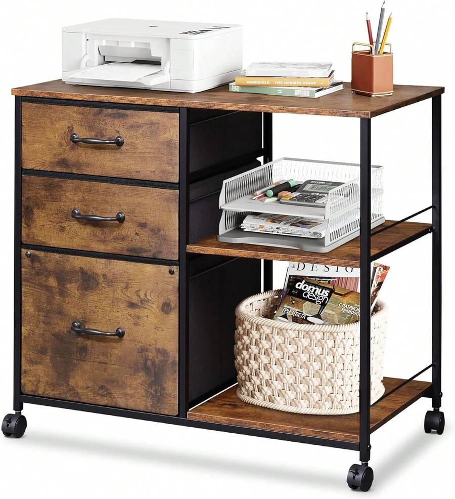 3 Drawer Mobile File Cabinet, Rolling Printer Stand With Open Storage Shelf, Fabric Lateral Filing Cabinet Fits A4 Or Letter Size For Home Office, Rustic Brown Wood Grain Print - Charcoal Black Wood Grain Print - 查看 1