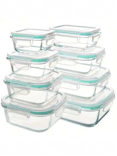 8pcs Glass Food Storage Container Set - Insulated Lunch Box, Lunch Box, Leak-Proof Bento Box With Locking Lid, Hand Wash, Microwave, Oven, Refrigerator