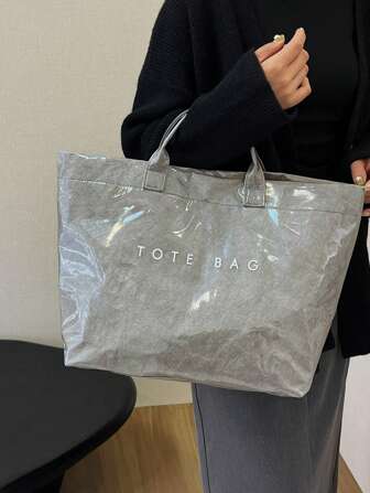 大容量时尚透明果冻包PVC防水购物袋，韩国中性风手提包，INS时尚复古休闲街头潮人手提包，日系休闲包，适合高中生大学生上学，健身/瑜伽/旅行包或妈咪包，字母印花极简明星风褶皱纹理高端品质多层纸质手提包