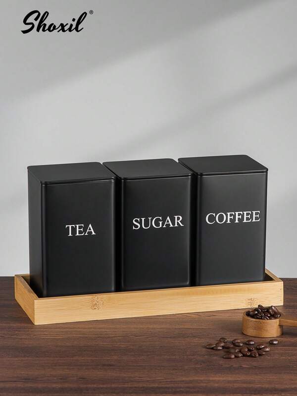 shoxil 3pcs Coffee Tea Sugar Container Set, Metal Vintage Kitchen Canister Set With Airtight Lids, Food Storage Container Jars For Kitchen Counter, Farmhouse Home Decor