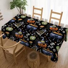 1pc Rectangular Tablecloth With Whimsical Halloween Theme, Colorful Skull, Ghost, Pumpkin Elements, Suitable For Daily Home, Living Room, Dining Room, Theme Party Events, Washable And Reusable