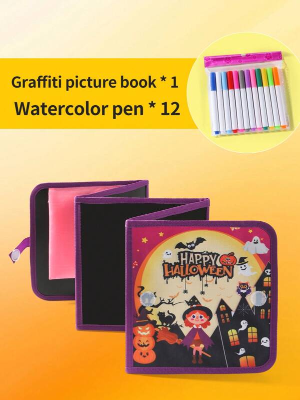 Tableau noir magique pliable d'Halloween, carnet à dessin ardoise double face effaçable pour enfants, thème fantôme effrayant et citrouille, ardoise portable de voyage, jouet créatif sécuritaire pour 3-8 ans, 12 morceaux de craie + 8 côtés inscriptibles, cadeau d'Halloween
