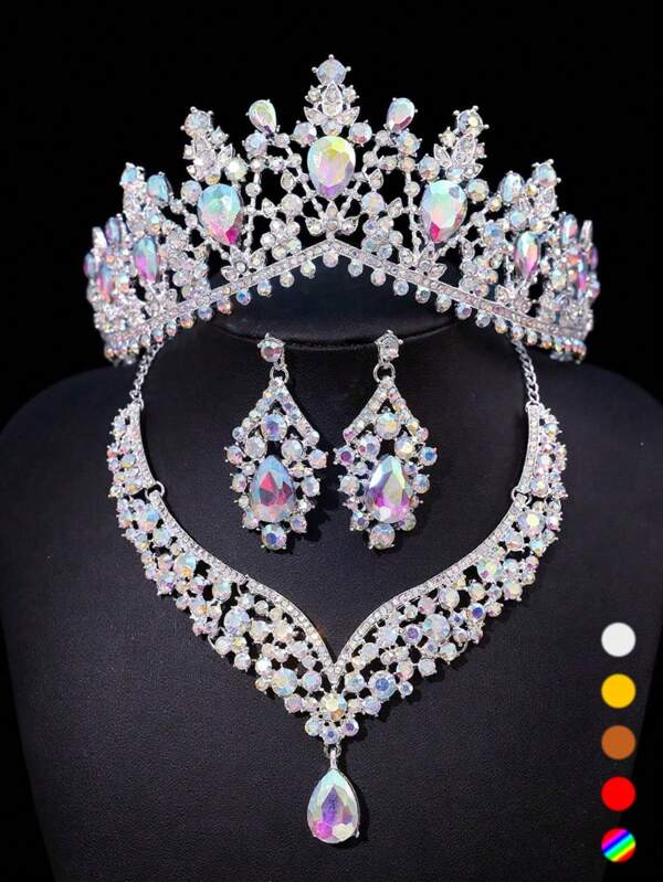 Conjunto de joyería nupcial de cristal barroco, conjunto de corona gótica con brillantes, aretes y collar, apropiado para novia, mujer, boda, fiesta de graduación, accesorios para decoración del cabello