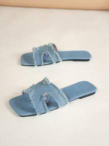 Sandal Wanita Model Baru Musim Panas 2024 dengan Ujung Persegi, Ukuran Plus, Warna Hitam, Gaya Retro, Motif Pentagram - Biru - View 5