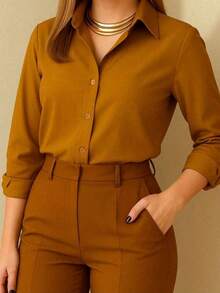 Women's Elegant Button Down Shirt - Casual Chic Simple Style Pocket With Belt Button - 駝色 - 查看 3