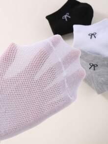 6双蝴蝶结女袜，黑、白、灰三色，轻盈简约，舒适时尚，及膝船袜，适合春夏秋季