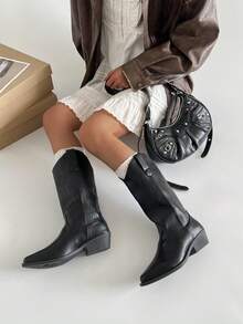 Women's V-Cut Mid-Calf Western Boots, New Autumn/Winter Version, Black Color With Embroidery , Knight Boots With Chunky Heels - Black - View 6