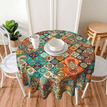 Boho Round Tablecloth 60 Inch, Bohemian Circle Table Cloth, Stain Resistance, Water Repellent And Wrinkle-Free, Colorful Tablecloth Decor For Home Kitchen Dining Party Patio Indoor And Outdoor Use - Black - View 8