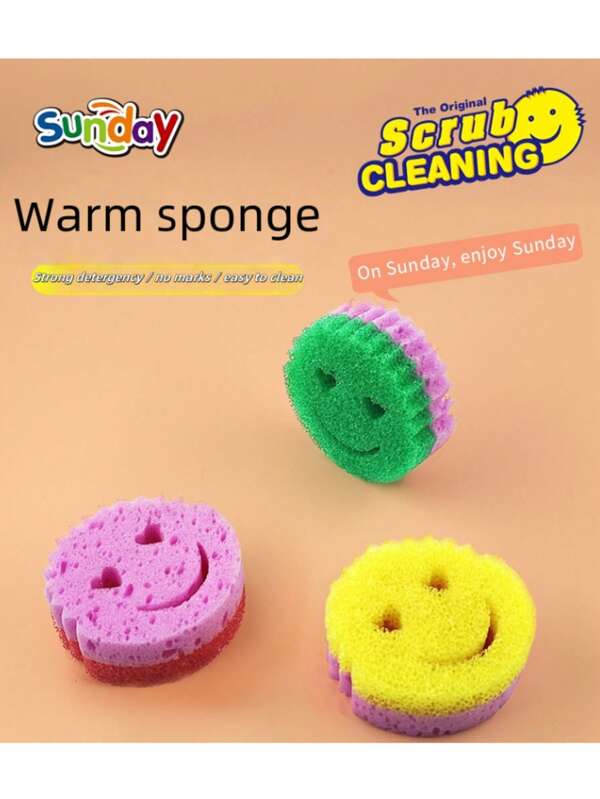 3pcs Smiling Face Multi-Functional 2-Layer Temperature Sensitive Scrub Sponge, Effective Cleaning, Double-Sided Kitchen Sponge - Temperature Sensitive, Scratch-Resistant Cleaning Pad, Suitable For Tableware And Modern Kitchen Sinks
