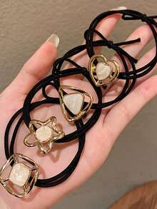 1/3/4/6pcs Set Solid Color Gold Metal Flower, Heart, Geometric Shape Hair Scrunchies, Elegant Vintage Glitter Elastic Hair Accessories For Party, Festival, Daily Outfit, Oval Design Suitable For Women (Small Scratches On Accessories Are Normal), Ponytail Holders, Hair Elastics, Hair Rubber Bands - Gold 6-piece Set - View 8