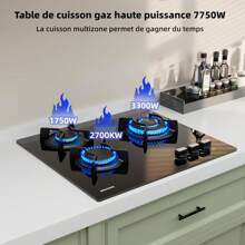 IsEasy WEHIMO Gas Hob With 3 Burners, Built-In Gas Hob, 60 Cm Gas Hob, Cast Iron Grill, 7750W, City And Bottle Gas, Black Glass - EU C Type Plug(220-240V) - View 3