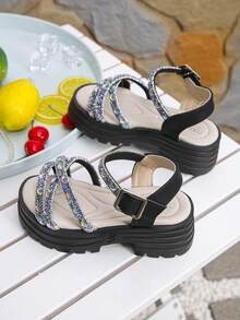 Girls' Fashionable Glitter Bow Design Thick Sole High Heel Open Toe Sandals, Butterfly Pattern Randomly Distributed - Black - View 6