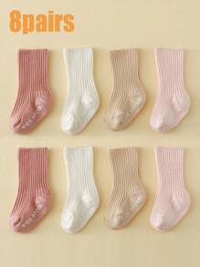 8Pairs Classic Simple Design Baby Crew Socks, Anti-Slip Dotted Sole Indoor Floor Socks, Suitable For 0-3 Years Old Boys And Girls, Newborns, Daily Wear