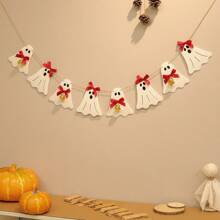 Vintage Cute Red Bow & White Bell Ghost Halloween Party Decorative Banner, Wall Hanging Pennant