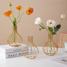 1pc Gold Geometric Metal Hydroponic Vase With Test Tube Rack | Modern Minimalist Retro Decor For Living Room, Office, Home | Elevated Floral Arrangement Vase, Wedding Party Floor Vase, Home Decoration Room Decor Flower Vase Glass Vase - Gold - View 9