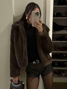 HH Women Casual Cropped Faux Fur Lapel Jacket Winter Fashion Shaggy Long Sleeve Warm Coat With Pockets - màu nâu - Xem 9