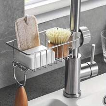 1 pièce Nouveau porte-savon de robinet d'évier de cuisine en acier inoxydable, étagère réglable en hauteur pour rangement d'éponge et de serviette près de l'évier
