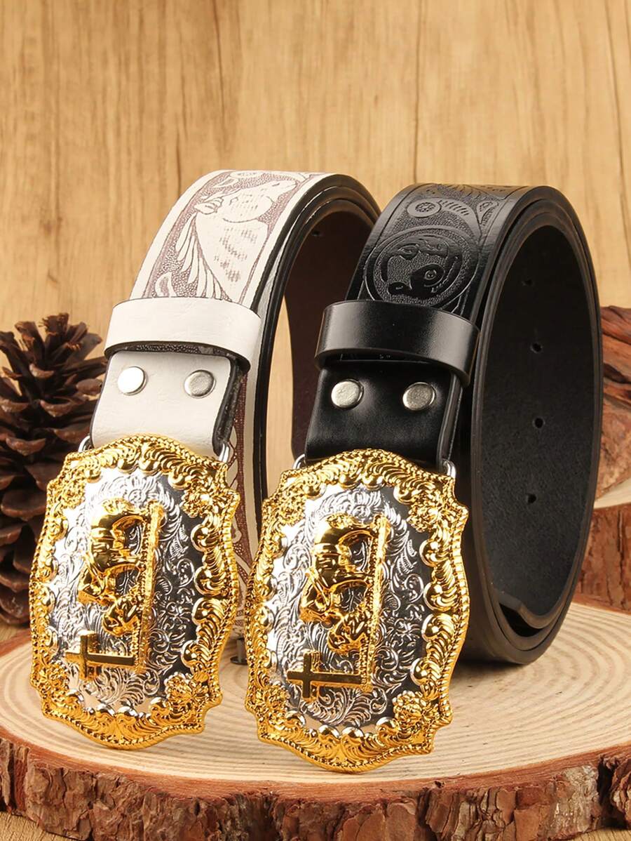 Geprägter westlicher Stil Kreuz- und Pferde-Formung mit goldenem Rand, Silberbasis Legierungs-Schnalle, unisex Gürtel, modisch & geeignet für Feiertagspartys