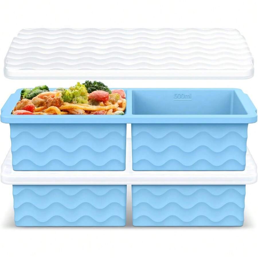 Local Delivery Silicone Freezer Tray With Lid - 2 Cup Soup Freezer Container Molds - Extra Large Ice Cube Tray - Silicone Freezer Food Molds For Freezing & Storing Soup, Sauce, Broth, Leftovers (2 Pack) - Light Blue - 查看 1