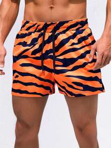 Men's Colorblock Quick-Dry Shorts, Striped Print With Drawstring, Casual Beach Shorts For Daily, Vacation, Summer - Orange - View 1