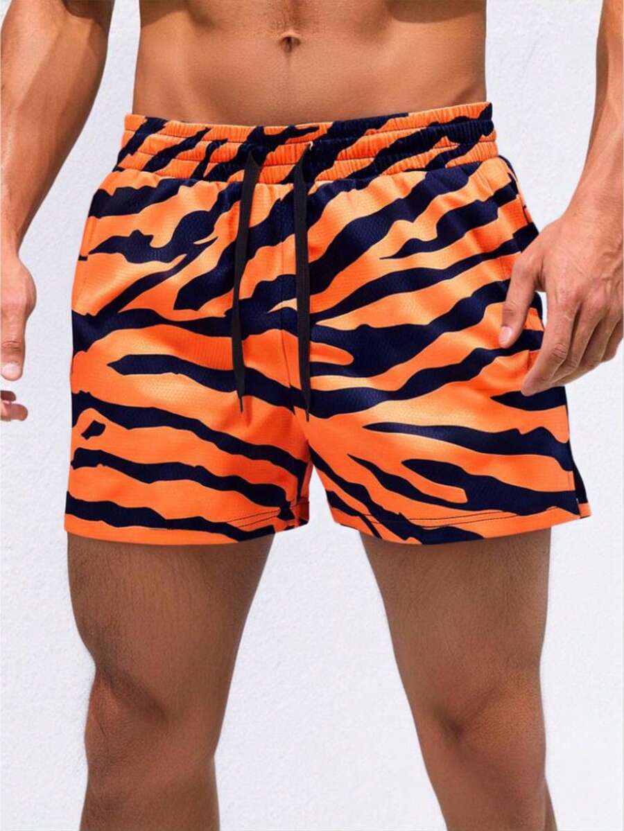 Men's Colorblock Quick-Dry Shorts, Striped Print With Drawstring, Casual Beach Shorts For Daily, Vacation, Summer - Orange - View 1