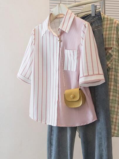 YUXIN Women's Spring - Summer Contrast Striped Shirt, Turn - Down Collar 3/4 Sleeve With Pocket, Daily Commute/Shopping, Breathable Versatile Sweet Top