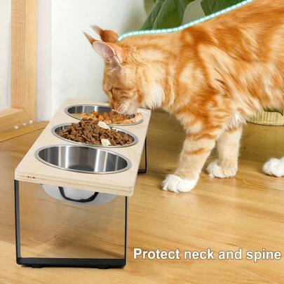 15°Tilted Elevated Cat Bowls With 3 Stainless Steel Bowls, Anti-Vomiting Design, Pet Food And Water Feeder Bowls For Cats And Small Dogs