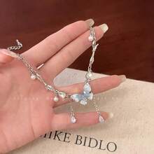 Gradient Pearl Butterfly Tassel Necklace, Suitable For Summer Wear, Exquisite High-End Collarbone Chain, Sweet And Cool Spicy Girl Necklace, Suitable As A Gift For Friends And Girlfriends, A Must-Have Item For Fashionable Ladies - 藍色 - 查看 2