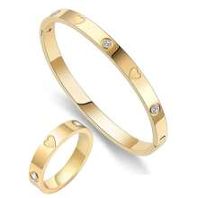 1 Set Gold Heart Design Bangle Bracelet And Thick Ring Jewelry Set, Minimalist Thick Ring Set For Women