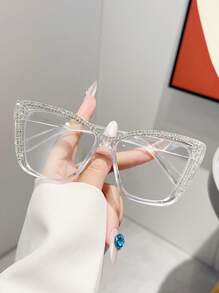 Ochelari de vedere supradimensionați cu ramă Cat-Eye la modă, 1 buc., cu lentile transparente și decor cu strasuri, accesoriu elegant personalizat, potrivit pentru asortarea modei de zi cu zi și pentru naveta zilnică.