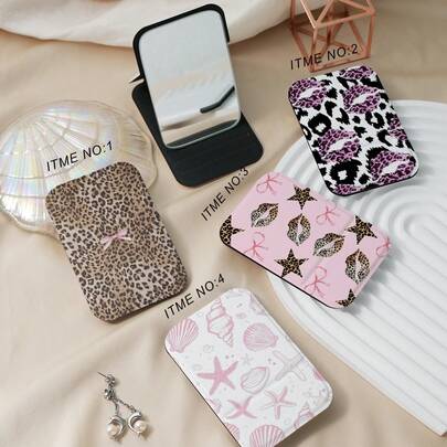 Millennium Leopard Print Ocean World Series Portable Vanity Mirror, Foldable, Lightweight, Ultra-Thin, Convenient Hand Mirror, Durable PU Leather, Suitable For Multiple Occasions And All People, Foldable Tabletop Mirror For Carrying,Giveaways,Travel,Cheap Stuff,Travel Essential