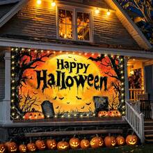 1pc Scary Halloween Hanging Banner, Bat Fly Over Graveyard Pattern Banner, Suitable For Halloween Party, Holiday Party, Home Decor, Perfect For Halloween Decoration