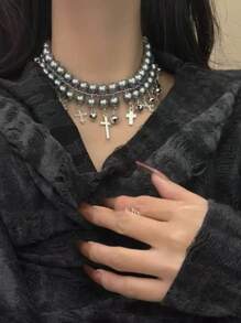 1 Set Of European & American Style Classic Versatile Fashionable Niche Exquisite Pearl Beaded Necklace, Multi-Layer Wear For Men & Women, Sweater Chain, Heavy Choker Necklace,