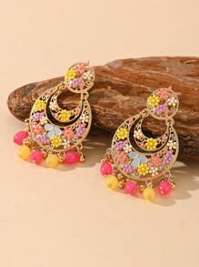 1 par de pendientes con estilo navideño de mujer con cristales, hechos a mano con flores, cuentas y borlas de colores, pendientes bohemios colgantes y aro para chicas