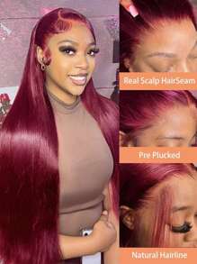 200% Density 34Inch 13x4 Lace Front Wigs Human Hair 99J Straight Wigs For Women 12A Pre Plucked HD Lace Frontal Wig With Baby Hair Burgundy Lace Front Wig