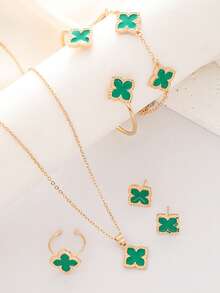 6 Pcs Clover Earring Necklace Bracelet Bangle Ring Jewelry Set For Women
