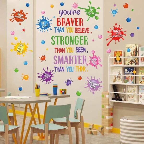 1Set Colorful Inspirational Slogan Wall Stickers, Paint Splatter Motivational Brave Smart Strong Wall Decals, Classroom Bedroom Living Room Decor