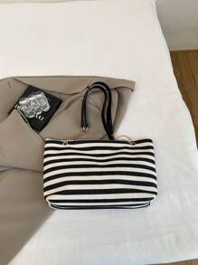 1pc Fashion Striped Contrast Color Large Capacity Nylon Tote Bag With Chain Shoulder Strap For Women