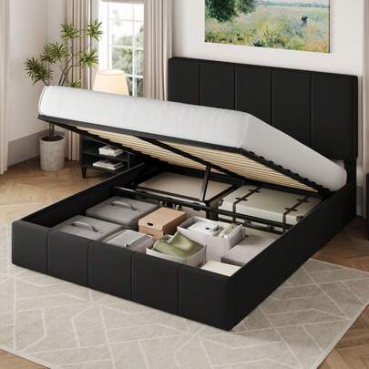 Allewie Full/Queen/King Size Velvet Lift Up Storage Bed Frame, Vertical Channel Tufted Headboard, Hydrualic Underneath Storage, Upholstered Platform Bed, Wooden Slats Support, No Box Spring Needed, Black