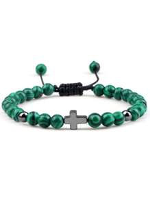 Handmade Woven Bracelet With Turquoise Cross Beads, Men Sports Accessory, European & American Import Jewelry
