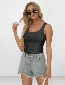 Tops Women, U Neck Ribbed Top, Women Slim Knit Going Out Tops Sleeveless Basic Summer Shirts - Grey - View 7