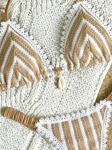 2025返校季女士波西米亚蕾丝条纹纹理面料泳衣，度假三角杯比基尼，荷叶边下装 - 彩色 - 查看 5