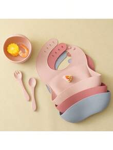 4PCS Bộ đồ ăn cho bé bằng silicon tùy chỉnh theo yêu cầu, có thể điều chỉnh, yếm ăn cho bé, thìa, nĩa, đĩa hút, đĩa ăn tùy chỉnh, học tập, bộ đồ ăn tối cho trẻ sơ sinh - Nhiều màu - Xem 3