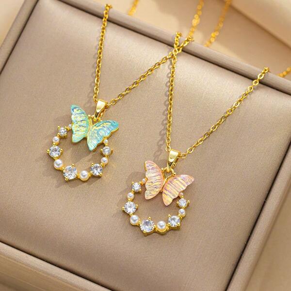 1pc Spring Romantic New Arrival Colorful Butterfly Titanium Steel Micro-Inlaid Cubic Zirconia Pearl Pendant Necklace, Personalized DIY